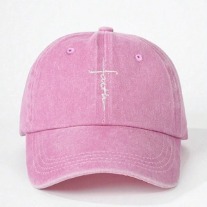 Pink washed canvas baseball cap with faith cross embroidery on a white background
