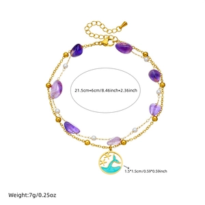 Bracelet de cheville double couche en acier avec pierres mauves et charmes queue de baleine