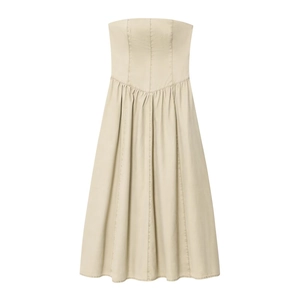 Robe Midi Bustier Sexy Taille Haute Jupe Plissée Élégante Couleur Unie Khaki En Sergé De Polyester