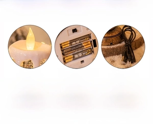 Detail view of Christmas crystal candle lamp showing dual power supply via USB or AAA batteries