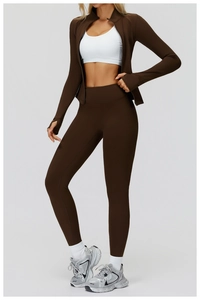 Detail view of smooth chocolate brown yoga jacket and leggings with high-waist fit