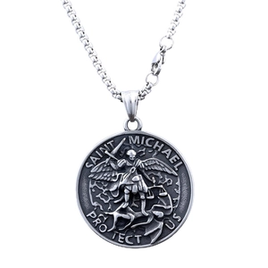 Saint Michael archangel protection coin pendant necklace in antique silver steel