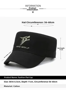 Detailed sizing specifications for black cotton flat top hat with Ray Wolf embroidery