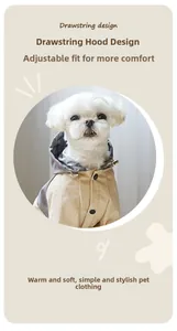 Detail of pet raincoat with adjustable drawstring hood and dual-color拼接 design