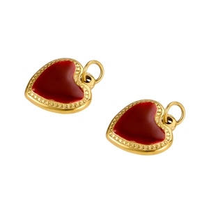 Golden heart pendants with red enamel center and beaded edge detail for jewelry making