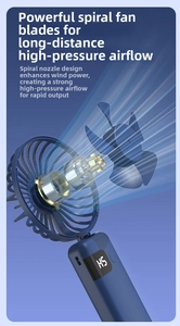 Internal view of blue mini fan showing spiral blades and digital battery display