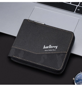 Close-up of black Baellerry men's wallet with lychee grain texture and metal zipper