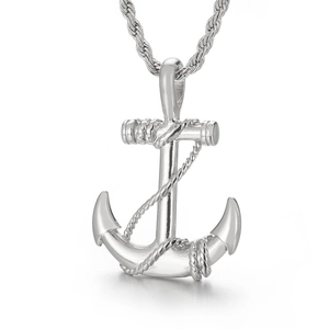 Vintage silver stainless steel anchor pendant necklace with rope detail on white background