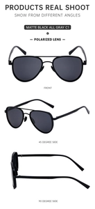 Polarized aviator sunglasses in matte black with multi-angle view of gray lenses
