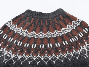 Detail of ribbed neckline and geometric jacquard pattern on a grey knit sweater