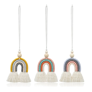 Handmade macrame rainbow car charms with wooden beads and cotton rope tassels in three colors