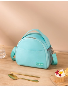 Detail of light blue insulated lunch bag with adjustable shoulder strap and mesh pocket