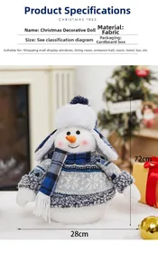 Detail view of 72cm Christmas snowman figurine with blue plaid hat and size dimensions