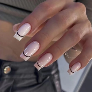 French Tip Press On Nails Plastic Glossy Nude Pink Black Abstract Curved Lines Medium Long Coffin Shape False Nails