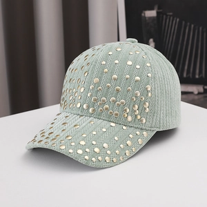 Light green corduroy baseball cap with decorative gold rivets for women's street style