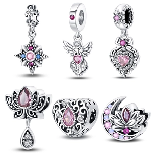 Romantic Classic Charms Pendants Silver Plated Copper Enamel Pink Zircon Angel Heart Star For DIY Bracelet Making