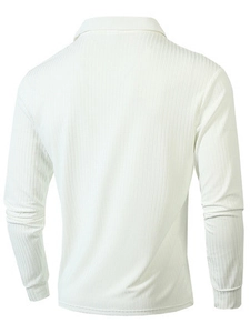 Rear view of white ribbed knit long-sleeve polo shirt for men showing back texture