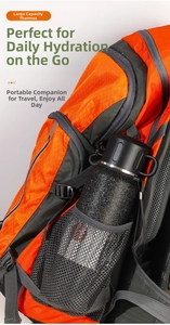 Detail of large black thermal flask with textured finish in outdoor backpack side pocket