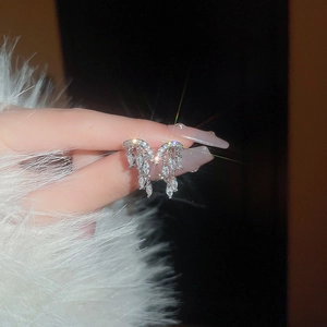 Elegant silver tassel earrings with zircon stones shown on a model with premium lighting