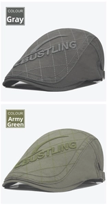 Detail of gray and army green flat caps with diamond stitching and BUSTLING embroidery
