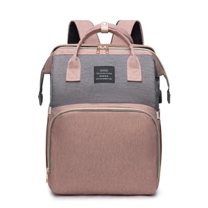 Pink and grey multi-functional diaper bag with waterproof canvas and golden zippers