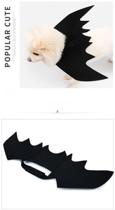 Detail of black felt pet bat wings with adjustable velcro straps for Halloween costumes