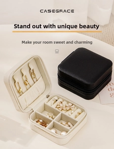 Litchi pattern leather jewelry organizer with necklace hooks and ring slots