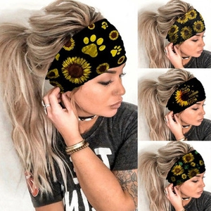 Collage of black yoga headbands with yellow sunflower and paw print patterns for women