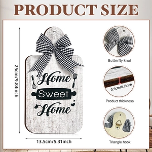 Detailed size chart for Home Sweet Home wooden wall sign with bow and hook specifications