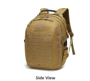 Detailed side view of khaki tactical backpack featuring laser-cut MOLLE system and side pocket