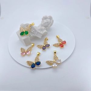 Detailed view of six colorful butterfly pendants with gold plating and zircon inlay