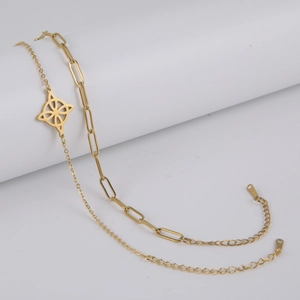 Makroansicht des zweischichtigen Edelstahlarmbands in Gold mit Kleeblatt-Anhänger
