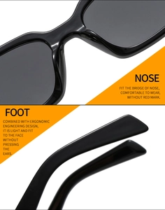 Detail view of ergonomic nose pads and temples on square black streetwear sunglasses