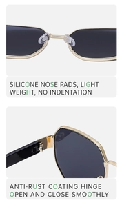 Detailed view of gold metal frames with silicone nose pads and rust-proof hinges