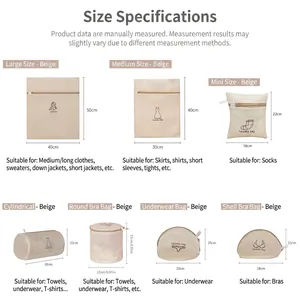 Mesh laundry bag set with size guide for delicates and heavy clothes in beige
