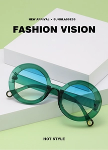 Detail of round green translucent sunglasses with blue to yellow gradient lenses