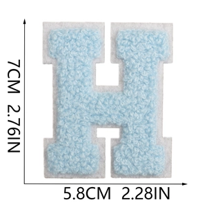 Blue chenille letter H patch measurement view showing 7cm height on white background