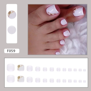 French white toe press-on nails with gold beads and pink rhinestones 24pcs set