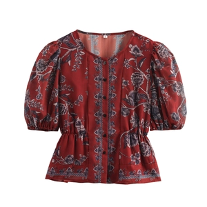 Vintage Floral Print Chiffon Blouse Short Puff Sleeve Button Up Smocked Waist Ruffle Hem Top Women