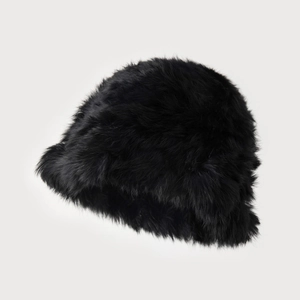 Chic black faux rabbit fur bucket hat with thick plush texture for winter style