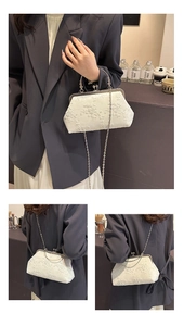 Detailed shot of white floral embroidery and vintage silver metal clasp on chain bag