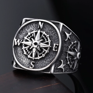 Vintage stainless steel viking compass ring with antique silver finish for men