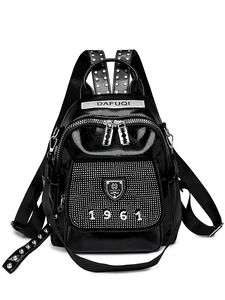 Black glossy PU leather backpack with silver studs and adjustable straps for women
