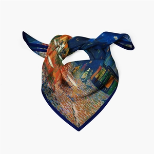 Detailed shot of silk scarf featuring Van Gogh's Cafe Terrace at Night painting print