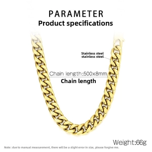 Detailed specs of 8mm gold stainless steel Cuban link chain with 500mm length and weight
