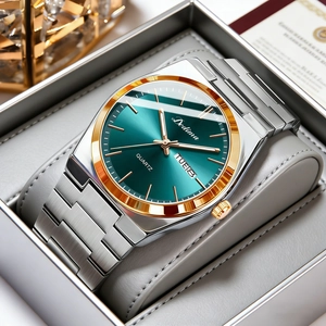 Close-up of Dedima men's quartz watch with green dial and dual calendar in a gift box