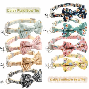 Set of 8 adjustable pet collars featuring daisy patterns with cute bowties and bells