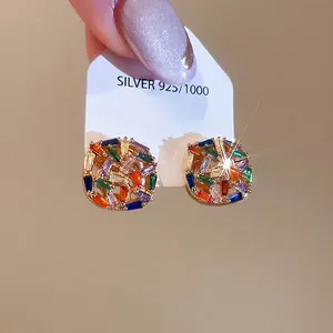 Square Colorful Zirconia Stud Earrings Gold Plated Geometric Elegant Mosaic Jewelry For Women With 925 Sterling Silver Earring Post