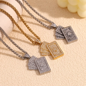 18K gold and silver plated playing card pendants with sparkling rhinestones on twist chains