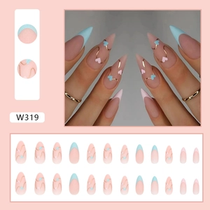 Almond-shaped matte press-on nails with heart patterns and gold lines, 24 pieces set